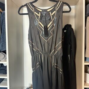 Greylin Black Beaded Art Deco Mini Dress Sleeveless Elastic Waist Womens Small